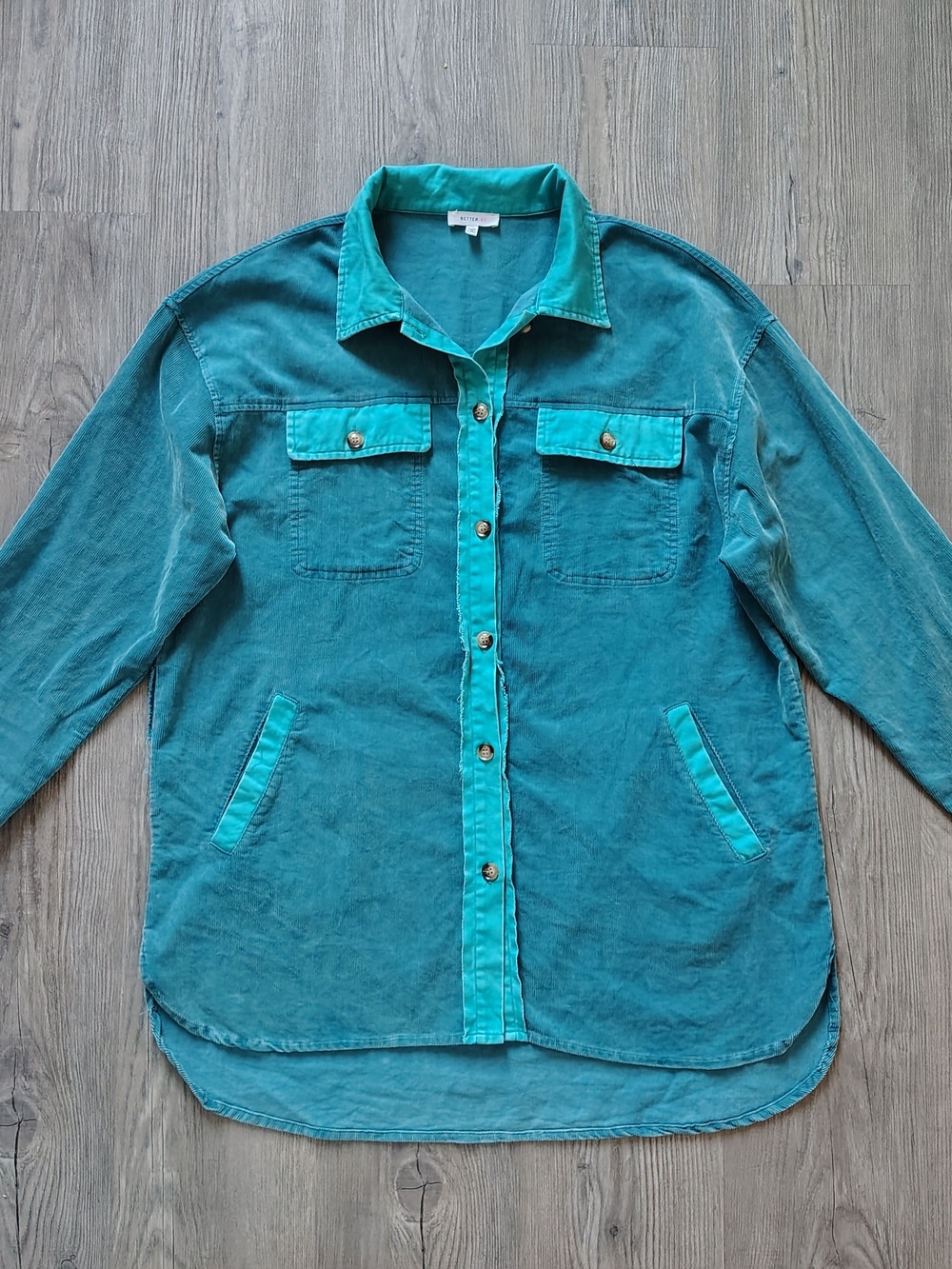 Better Be Women's Teal Button Up Corduroy Overshirt Longline Shacket Size M